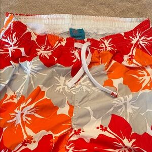 Hawaiian Floral Swim Trunks - Red, Gray and Orange